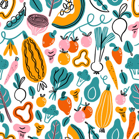 Autumn harvest season, hand drawn print with fresh vegetables and greens, vitamin boost, vector seamless patternのイラスト素材