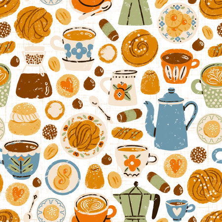 Gather around because it's fika time. All the yummy Scandinavian confectionery you can taste is here and a lot of coffee of course. Swedish seamless pattern illustrationの写真素材