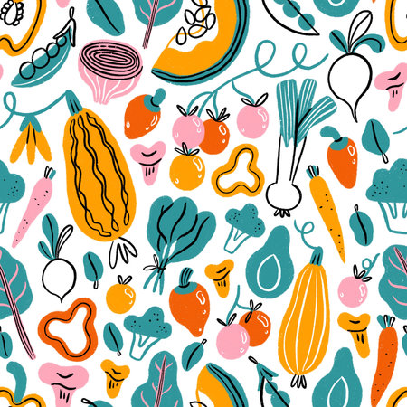 Autumn harvest season, hand drawn print with fresh vegetables and greens, vitamin boost, seamless pattern illustrationの写真素材