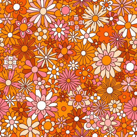 Fun retro mid century modern floral print, orange and pink flowers, seamless pattern illustrationの写真素材