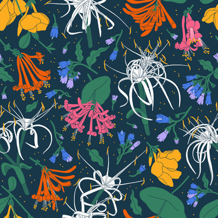 Fantastic abstract flowers on blue background, night garden with fireflies, seamless floral pattern illustrationの写真素材