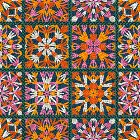 Traditional square crochet print, realistic handmade knitting, cozy hobby, seamless pattern illustrationの写真素材
