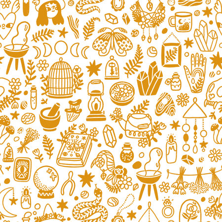 Golden witchcraft doodles aesthetic on white background, seamless pattern illustrationの写真素材
