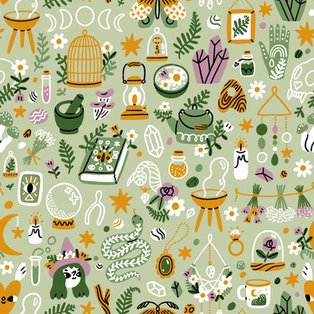Good white magic of the green witch, positive energy, love spells, stones, sun energy and floral scent, cute cartoon magic doodles, seamless pattern illustrationの写真素材