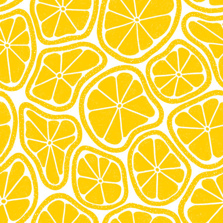 Yellow melting lemons, 70s hippie summer style, citrus fruit seamless pattern illustrationの写真素材