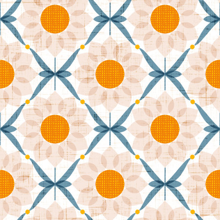 White sunflowers with blue leaves, tile style retro print illustration, seamless patternの写真素材