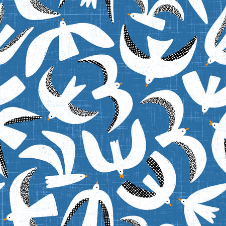 Beautiful white seagulls flying around the blue sky, abstract seamless pattern illustration, animal themeの写真素材