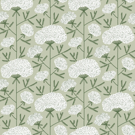 Hand drawn yarrow plant in retro style print, wild grasses seamless pattern illustrationの写真素材