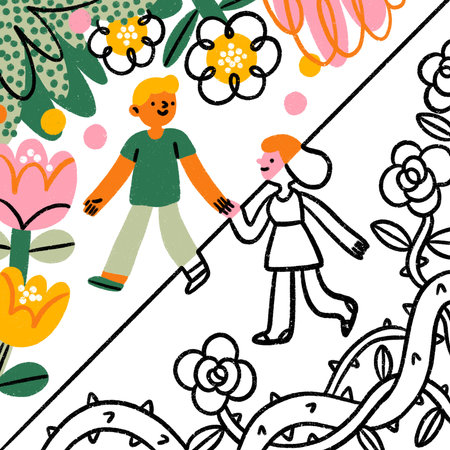 On the bright side. Cartoon illustration, divided on two sides black and white and colorful, isolated on white backgroundの写真素材