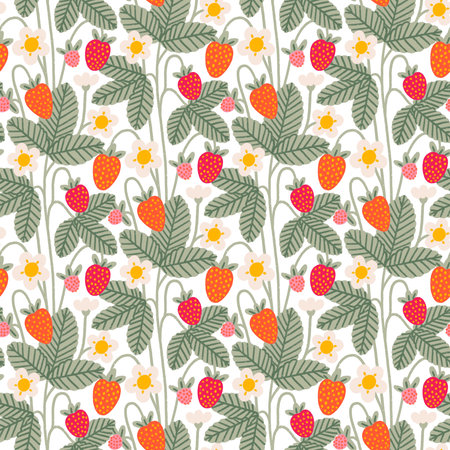 Cute berries and blooms, strawberry field print, seamless pattern illustration on white backgroundの写真素材