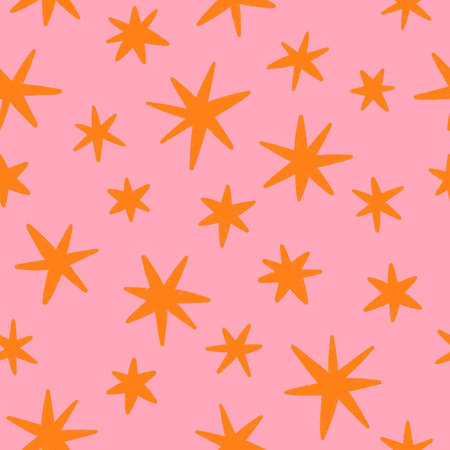 Orange stars on pink background, hand drawn seamless pattern illustration, abstract geometric printの写真素材