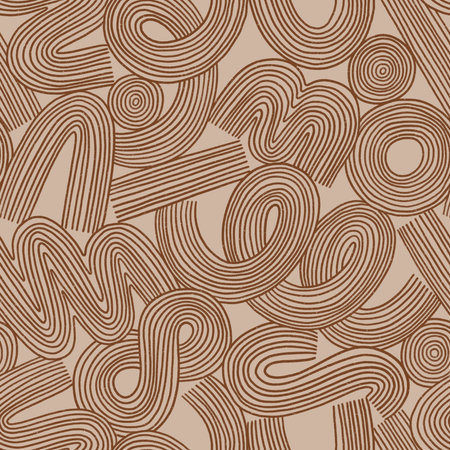 Noodles doodles illustration, earth tone color abstract seamless pattern, brown hand drawn shapesの写真素材