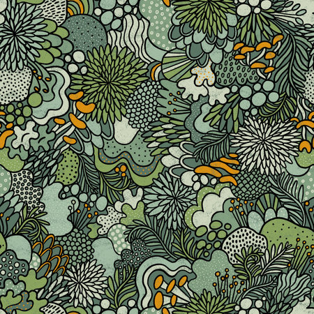 Mosses and lichens whimsical doodles, seamless pattern, natural forest print illustrationの写真素材