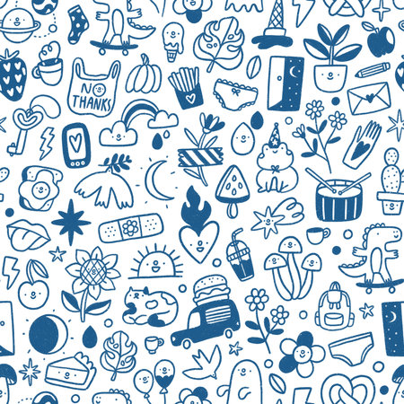 Cute flash tattoos, cartoon kids doodles, seamless pattern illustration. blue print on white backgroundの写真素材