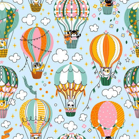 Hot air balloons with cute animals in baskets, cartoon seamless pattern illustration. Summer vibes, beautiful and fun kids printの写真素材