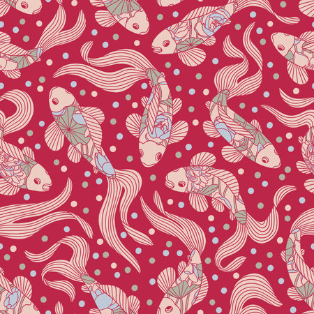 Koi fish illustration with lilies and confetti on viva magenta background, lily pond printの写真素材