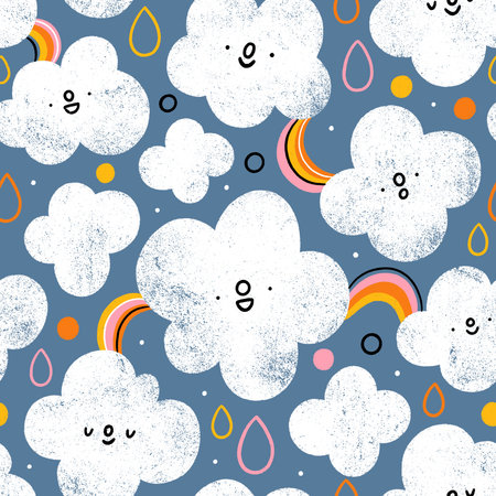 Happy doodle clouds and rainbows on gray sky, seamless pattern illustration. It is raining a little bitの写真素材