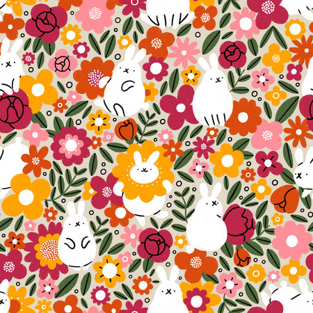 Cheerful white rabbits in flowers illustration, colorful seamless pattern, floral spring printの写真素材