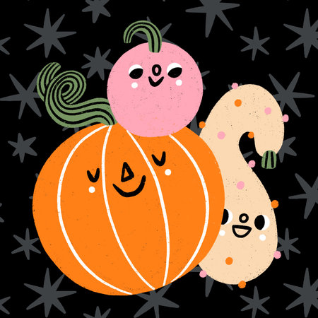 Cute cartoon pumpkins characters in a pile, on a starry background, Halloween printの写真素材