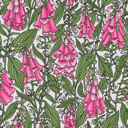 Beautiful pink foxglove flowers and little field daisies, botanical seamless pattern illustrationの写真素材