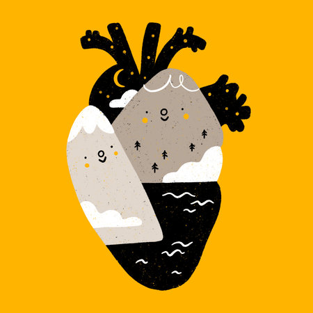 For all who love mountains, sea and stars in the night sky, heart shaped illustration with cute hills charactersの写真素材