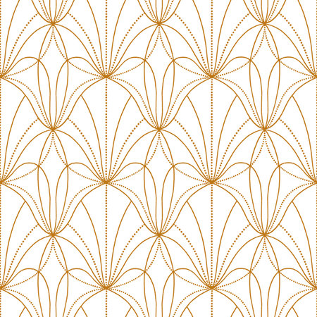 Abstract 1920s vintage art deco pattern with golden lines and dots, airy beautiful print, seamless pattern illustration on white backgroundの写真素材