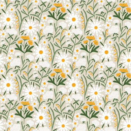 Hand drawn mix of summer field flowers. Daisy, tansy and yarrow, abstract floral vintage print, wild growing flowers, seamless pattern illustrationの写真素材