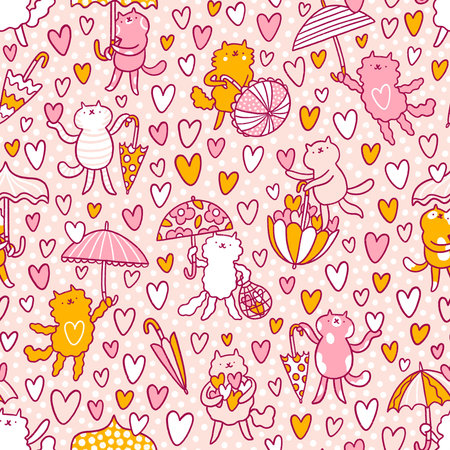 It's pouring rain with hearts and love, and cute cats playing with umbrellas, seamless pattern illustrationの写真素材