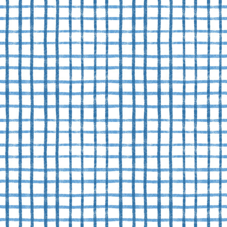 Cheerful simple checkered seamless pattern with hand drawn blue thin stripe checks on white backgroundの写真素材