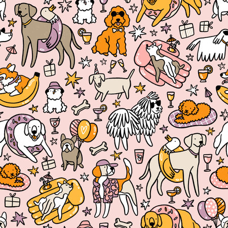 Cute dogs having summer fun by the pool with inflatable toys and cocktails. cartoon seamless pattern illustrationの写真素材