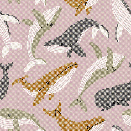 Playful whales in a calm pastel color palette, cross stitched effect, seamless pattern illustrationの写真素材