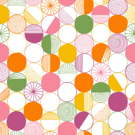 Bright colorful abstract circles, cheerful geometric print, vintage style seamless pattern illustrationの写真素材