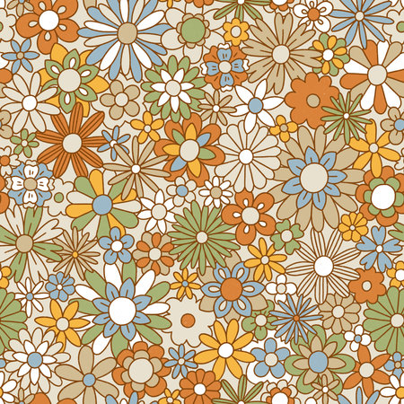 Fun retro mid century modern floral print, brown and green flowers, seamless pattern illustrationの写真素材