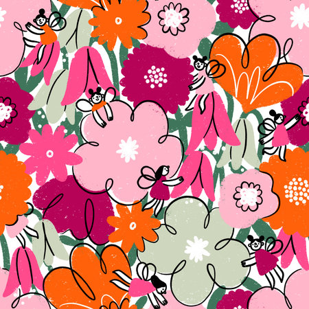 Fairyland floral garden in pink, orange and mint colors, seamless pattern illustration with flowers and fairiesの写真素材