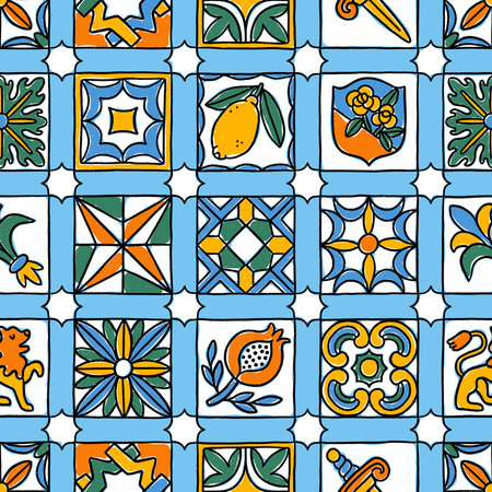 Italian villa ceramic summer tile. Bright handmade decorative print in cartoon style. Beautiful southern country style. Seamless pattern illustrationの写真素材
