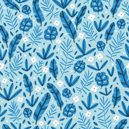 Blue jungle leaves, exotic plants botanical cartoon seamless pattern illustrationの写真素材