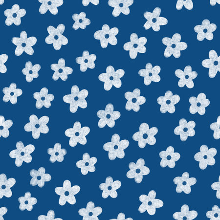 Block print style print with little white flowers, seamless pattern on blue background, abstract illustrationの写真素材