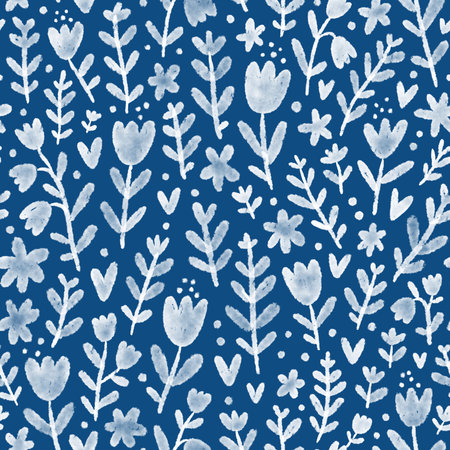 White watercolor flowers seamless pattern on blue background, abstract block print style illustrationの写真素材