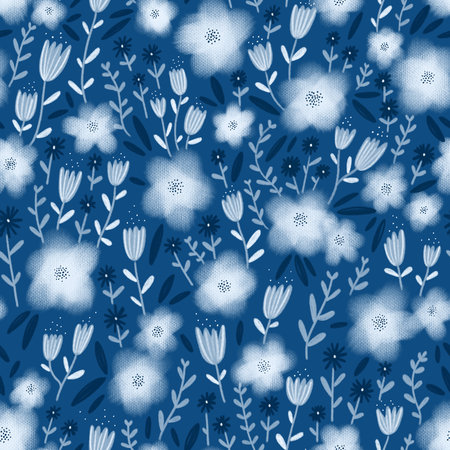 Classic blue winter floral seamless pattern with hand drawn abstract fluffy flowers, wild field flowers, botanical print with textureの写真素材