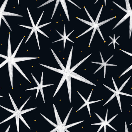 Starry night sky seamless pattern, abstract illustration with large scale stars on black background and little yellow shines. beautiful celestial printの写真素材