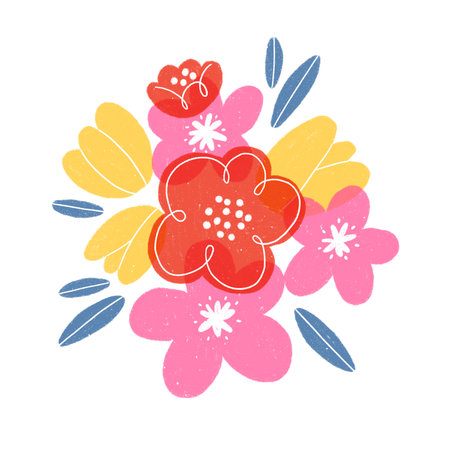 Abstract colorful flowers in a composition, vibrant summer illustration, isolated on white backgroundの写真素材