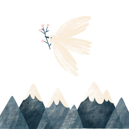Mountain peaks and a white dove with flowers flying over, gentle peace hand drawn illustration with white backgroundの写真素材