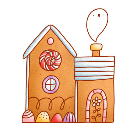 Cartoon gingerbread house with candy and a ghost, cute Halloween or Christmas illustration, isolated on white backgroundの写真素材