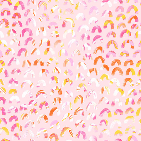 Beautiful pink abstract print with rainbow shapes and ink watercolor texture, seamless pattern illustrationの写真素材