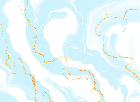Light blue marble print with golden glitter streak, digital hand drawn abstract watercolor background illustrationの写真素材