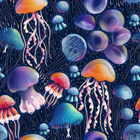 Jellyfish bioluminescent disco party, awesome sea creatures seamless pattern illustration. Detailed colorful sea life print with dark blue backgroundの写真素材