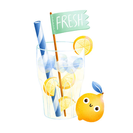 Glass of lemonade with ice, a blue striped paper straw and funny lemon character, fresh sign on a little flag, cute summer cartoon illustration, isolated on white backgroundの写真素材