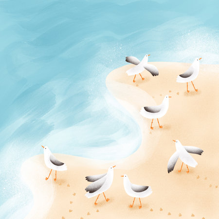 Funny seagulls at the beach, cute cartoon birds characters, little footprints on the white sand, summer illustrationの写真素材