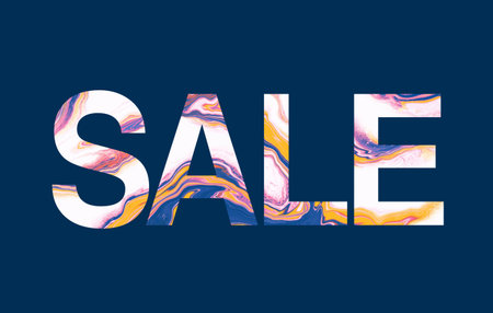 Sale sign lettering, hand drawn marble abstract watercolor texture, shopping theme illustration on blue backgroundの写真素材