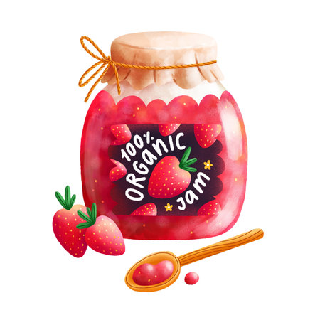 Organic strawberry jam in a vintage glass jar with wooden spoon and berries aside, realistic cartoon illustration, isolated on white backgroundの写真素材